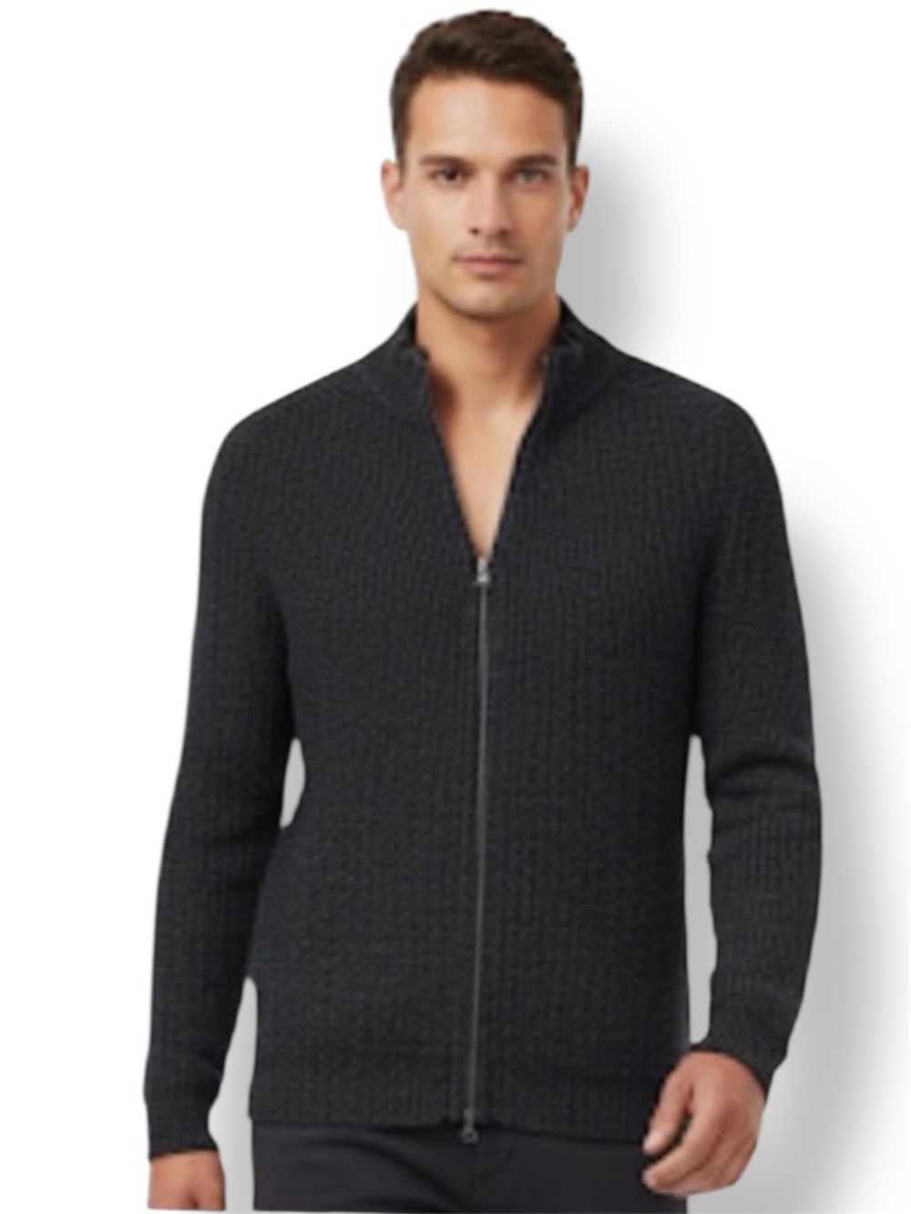 Theory Ribbed Knit Zip-Up Cardigan Wool Blend In Melange Charcoal Size XXL